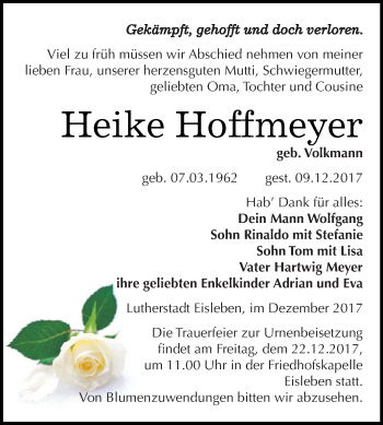 Traueranzeige von Heike Hoffmeyer von Super Sonntag SGH Mansf. Land