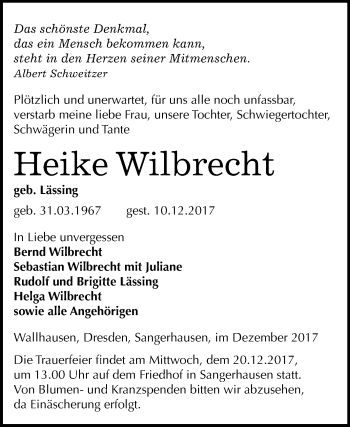 Traueranzeige von Heike Wilbrecht von Mitteldeutsche Zeitung