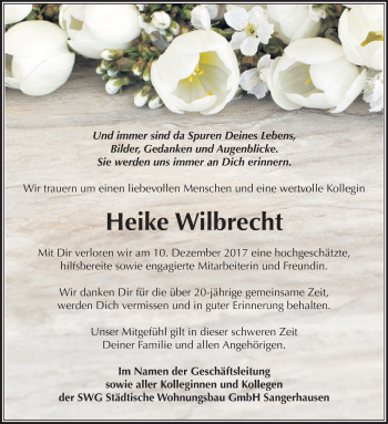 Traueranzeige von Heike Wilbrecht von Mitteldeutsche Zeitung Sangerhausen