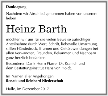 Traueranzeige von Heinz Barth von Mitteldeutsche Zeitung Halle/Saalkreis