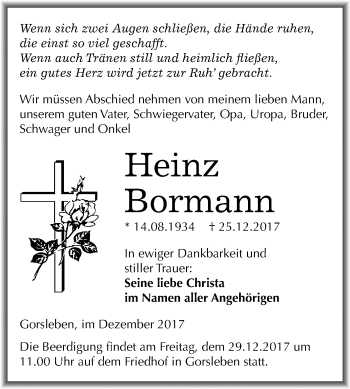 Traueranzeige von Heinz Bormann von Mitteldeutsche Zeitung Halle/Saalkreis