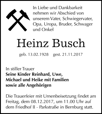 Traueranzeige von Heinz Busch von Mitteldeutsche Zeitung Bernburg