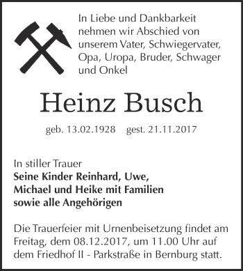 Traueranzeige von Heinz Busch von Super Sonntag Bernburg