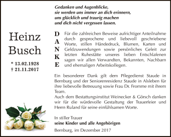 Traueranzeige von Heinz Busch von Super Sonntag Bernburg