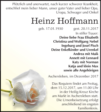 Traueranzeige von Heinz Hoffmann von Mitteldeutsche Zeitung Aschersleben