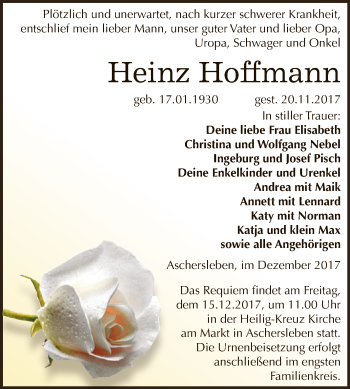 Traueranzeige von Heinz Hoffmann von Super Sonntag Aschersleben