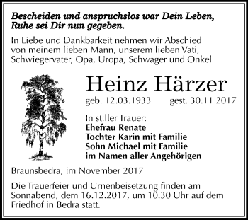 Traueranzeige von Heinz Härzer von Mitteldeutsche Zeitung Merseburg/Querfurt