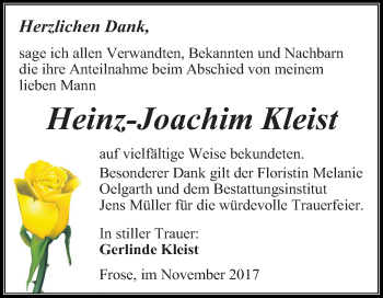 Traueranzeige von Heinz-Joachim Kleist von Mitteldeutsche Zeitung Aschersleben