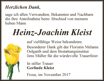 Traueranzeige von Heinz-Joachim Kleist von Super Sonntag Aschersleben