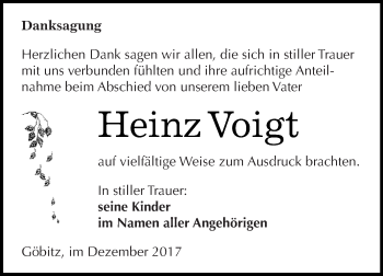 Traueranzeige von Heinz Voigt von Super Sonntag Zeitz