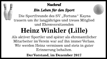 Traueranzeige von Heinz Winkler von Mitteldeutsche Zeitung Zeitz