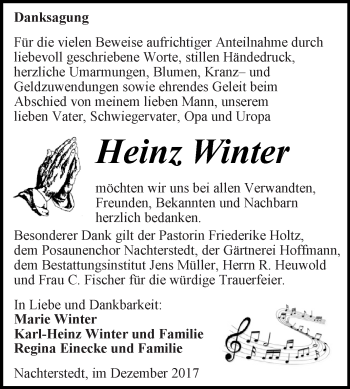 Traueranzeige von Heinz Winter von Super Sonntag Aschersleben