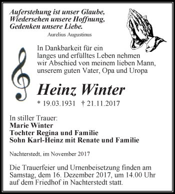 Traueranzeige von Heinz Winter von Super Sonntag Aschersleben