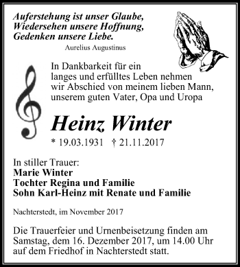 Traueranzeige von Heinz Winter von Mitteldeutsche Zeitung Aschersleben