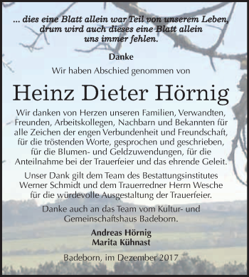 Traueranzeige von Heinz Dieter Hörnig von WVG - Wochenspiegel Quedlinburg