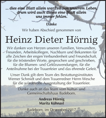 Traueranzeige von Heinz Dieter Hörnig von Mitteldeutsche Zeitung Quedlinburg