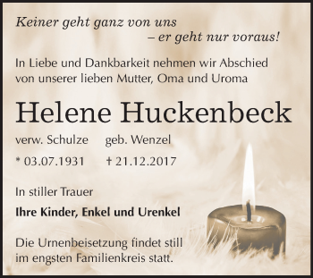 Traueranzeige von Helene Huckenbeck von Mitteldeutsche Zeitung Bernburg