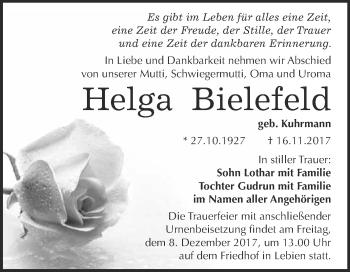 Traueranzeige von Helga Bielefeld von WVG - Wochenspiegel Wittenberg