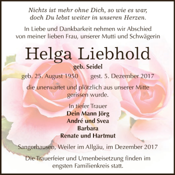 Traueranzeige von Helga Liebhold von Super Sonntag SGH Mansf. Land