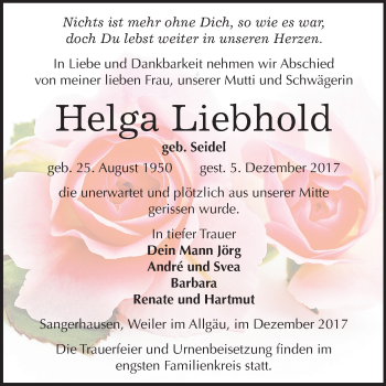 Traueranzeige von Helga Liebhold von Mitteldeutsche Zeitung Sangerhausen