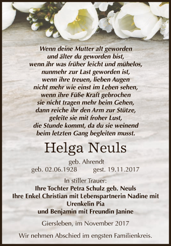Traueranzeige von Helga Neuls von Super Sonntag Aschersleben