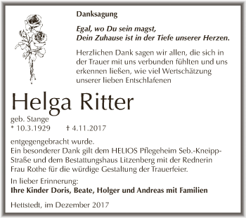 Traueranzeige von Helga Ritter von Wochenspiegel Mansfelder Land
