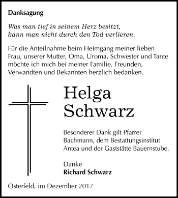 Traueranzeige von Helga Schwarz von Mitteldeutsche Zeitung