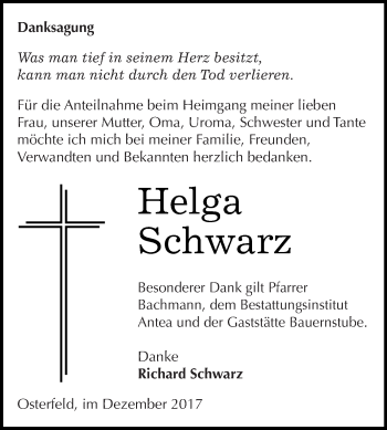 Traueranzeige von Helga Schwarz von Super Sonntag Zeitz