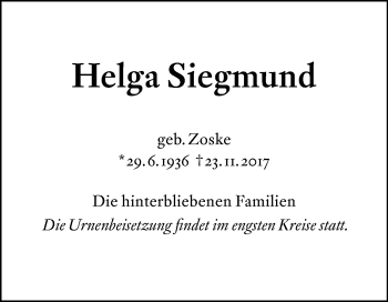 Traueranzeige von Helga Siegmund von Mitteldeutsche Zeitung Merseburg/Querfurt