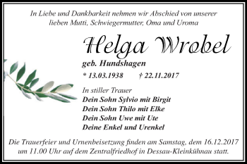 Traueranzeige von Helga Wrobel von WVG - Wochenspiegel Dessau / Köthen