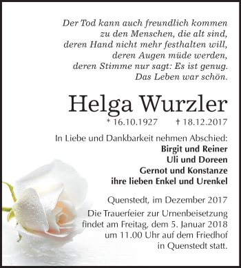 Traueranzeige von Helga Wurzler von Mitteldeutsche Zeitung