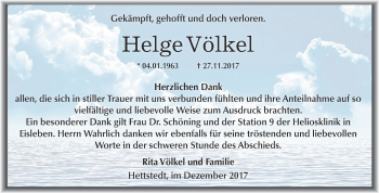 Traueranzeige von Helge Völkel von Super Sonntag SGH Mansf. Land