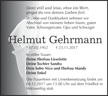 Traueranzeige von Helmut Gehrmann von WVG - Wochenspiegel Bitterfeld