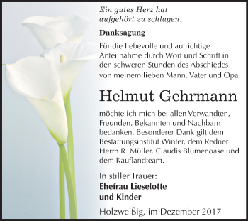 Traueranzeige von Helmut Gehrmann von Mitteldeutsche Zeitung Bitterfeld