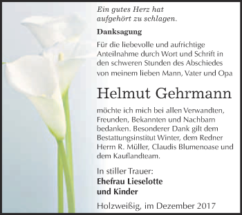 Traueranzeige von Helmut Gehrmann von WVG - Wochenspiegel Bitterfeld