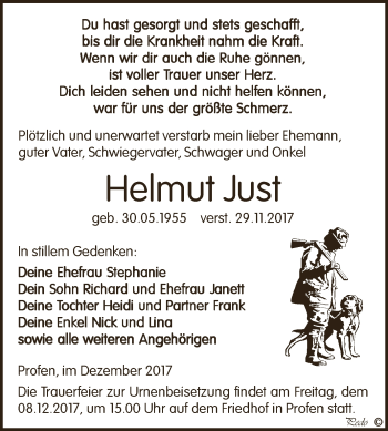 Traueranzeige von Helmut Just von Super Sonntag Zeitz