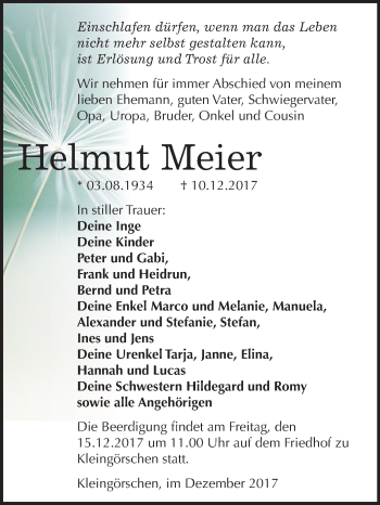 Traueranzeige von Helmut Meier von Mitteldeutsche Zeitung Weißenfels