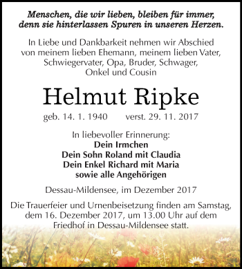 Traueranzeige von Helmut Ripke von WVG - Wochenspiegel Dessau / Köthen