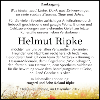 Traueranzeige von Helmut Ripke von WVG - Wochenspiegel Dessau / Köthen