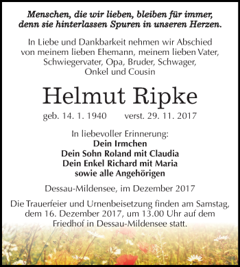 Traueranzeige von Helmut Ripke von Mitteldeutsche Zeitung Dessau-Roßlau