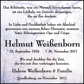 Traueranzeige von Helmut Weißenborn von Mitteldeutsche Zeitung Quedlinburg