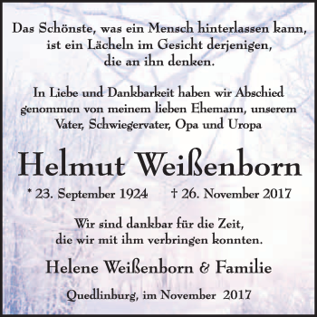 Traueranzeige von Helmut Weißenborn von WVG - Wochenspiegel Quedlinburg