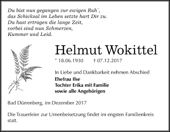 Traueranzeige von Helmut Wokittel von Mitteldeutsche Zeitung Merseburg/Querfurt