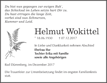 Traueranzeige von Helmut Wokittel von Super Sonntag Merseburg