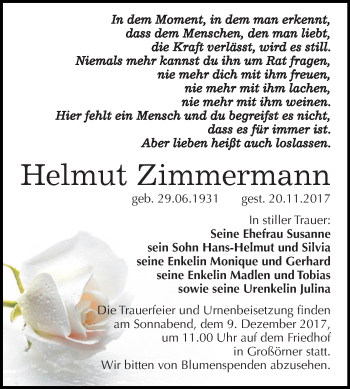 Traueranzeige von Helmut Zimmermann von Wochenspiegel Mansfelder Land