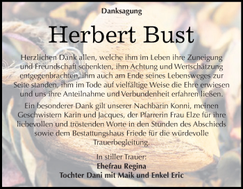 Traueranzeige von Herbert Bust von WVG - Wochenspiegel Dessau / Köthen
