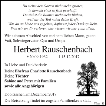 Traueranzeige von Herbert Rauschenbach von Super Sonntag Zeitz