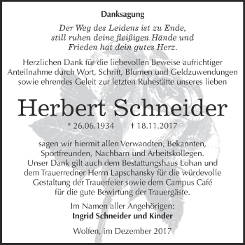 Traueranzeige von Herbert Schneider von WVG - Wochenspiegel Bitterfeld