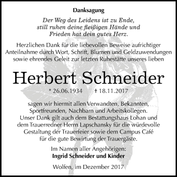 Traueranzeige von Herbert Schneider von Mitteldeutsche Zeitung Bitterfeld