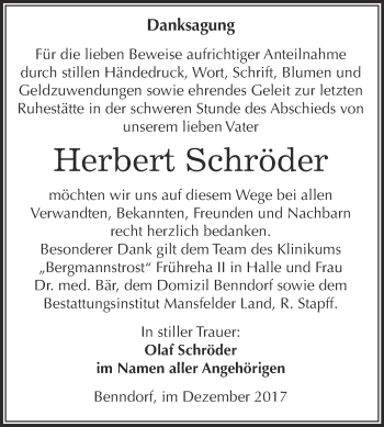 Traueranzeige von Herbert Schröder von Wochenspiegel Mansfelder Land